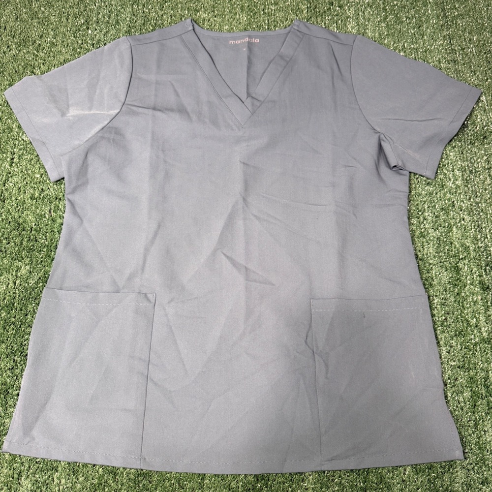 NWOT Mandala Women's Gray V-Neck Scrub Top Short Sleeve Size M‎ Equa Tek Fabric